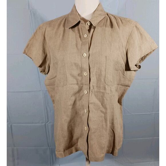 Breeches Linen Top Short Sleeve Button Up Pockets Khaki Women's Size 14 *FLAW* - Picture 1 of 9